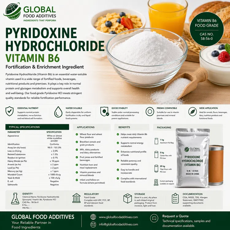 Pyridoxine Hydrochloride Vitamin B6 food fortification ingredient food additive ingredient illustration